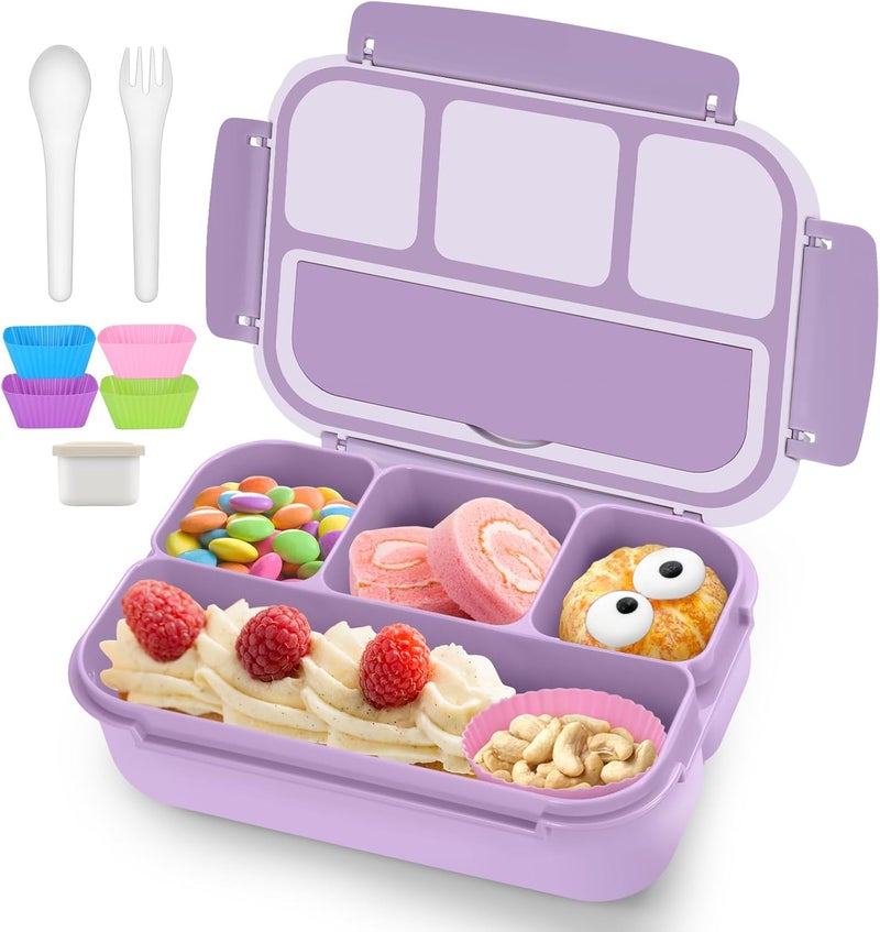QQKO Bento Box Adult Lunch Box, Lunch Containers for Adults Men Women, Kids Lunch Boxes for School with 4 Compartments, Sauce Container, Utensils and Muffin Cups, Purple - Image 1